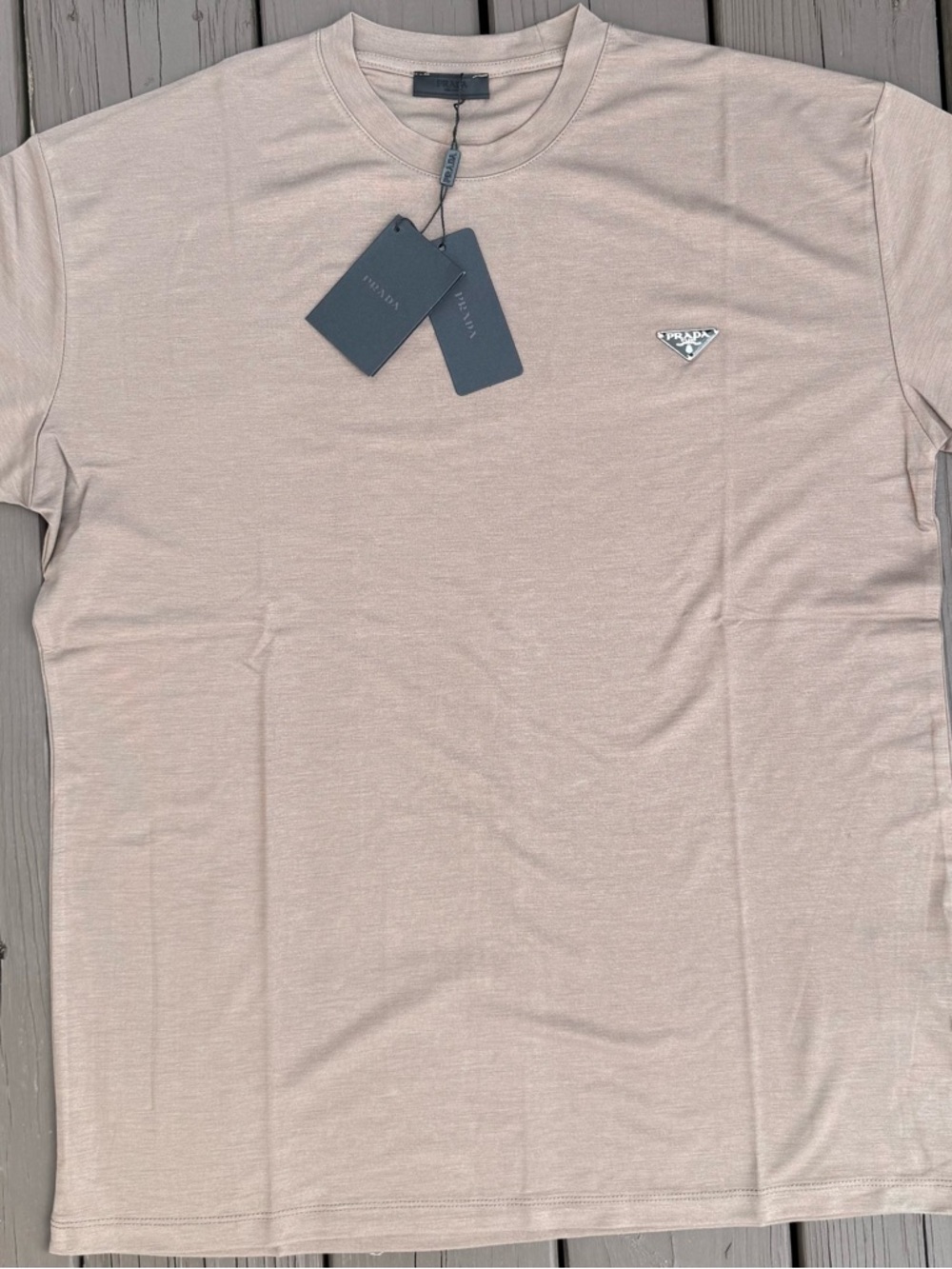 Prada Beige Short Sleeve Crewneck T-Shirt with Triangle Logo